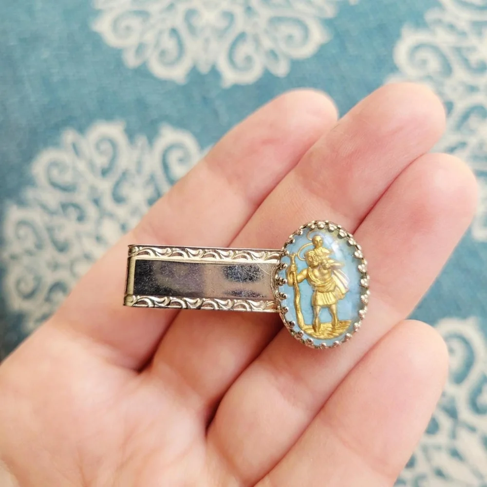 *RARE* Vintage Saint St Christopher Baby Blue, Gold, & Silver Oval Tie Clip